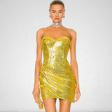 Women Dresses Sexy Backless Gold Sequined Dress Hip Skirt (Zns0409)