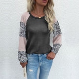 Women Knitted Sweater Autumn Long Sleeve Waffle Top Stitching Leopard Print
