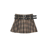 Women Skirt Plaid Pleated Skirt Girls Summer Double Belt Short Skirt Casual A- line Skirt