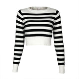 Women Knitted Sweater Striped Knitted Bottoming Shirt Sexy Long Sleeves Cropped Sweater
