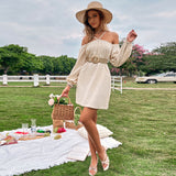 Women Dress Spring/Summer Loose Casual Short Skirt off-Shoulder Braces Long Sleeve Dress