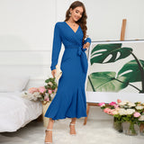 Women Date Dress Knitted Long Sleeve V-neck Lace-up Fishtail Skirt