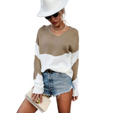 Women Knitted Sweater Long Sleeve V-neck Color-Block Sweater Autumn Top