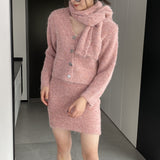 Women Knitted Two-Piece Set Cardigan Skirt Scarf Three-Piece Set Button Knitted Sweater Casual Suit 1t8852