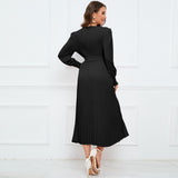 Women Date Dress Fall/Winter Slim Long Sleeve round Neck Pleated Long Dress