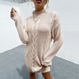 Women Knitted Sweater Autumn and Winter Loose Color Twist Long Sleeve High Collar Sweater Dress