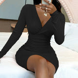 Women Dress Sexy V-neck Knitted Long Sleeve Narrow Dress