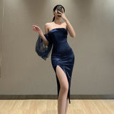 Women Dresses Spring Sexy Slit Skirt Satin Split Dress