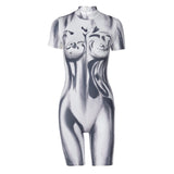 Women Jumpsuit Summer Printed Slim round Neck Zipper Short-Sleeved Jumpsuit
