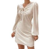 Women Dress Long Sleeve V-neck Hollow A- line Skirt Dress