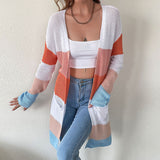 Women Knitted Sweater Autumn Clothes Casual Long Sleeve Colorblock Sweater Coat