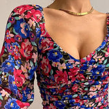 Robe Bridgerton Autumn U Collar Lantern Sleeve Sexy Floral Dress