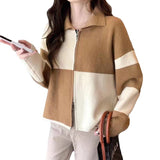 Women Knitwear Spring and Autumn Retro Lapels Double Zipper Sweaters Cardigan