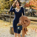 Women Maxi Dress Autumn and Winter V-neck Slim-Fitting Simple Knitted Sweater Sheath Dress