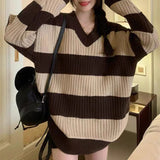 Women Knitwear Autumn and Winter Striped V-neck Sweater Loose Sweater