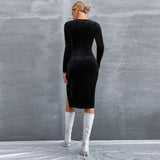 Women Dress Spring and Summer Sexy Slim Fit Square Collar Long Sleeve Velvet Hip Skirt Dress