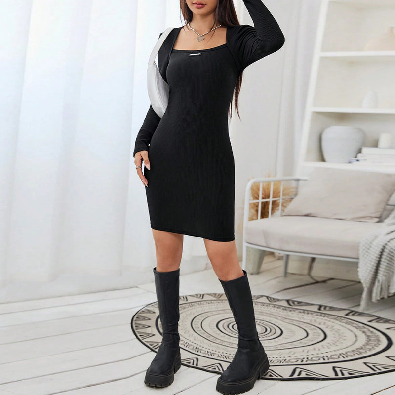 Women Dress Fall/Winter Slim Sheath Long Sleeve Knitted Party Dress