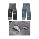 Men Jeans Vintage Distressed Color Block Water Washed Hole Straight Jeans