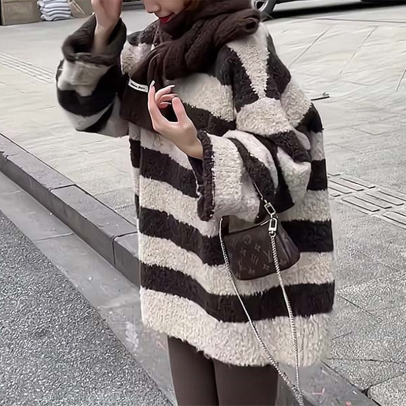 Women Knitwear Autumn and Winter Striped round Neck Sweater Loose Sweater