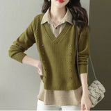Women Knitted Pullover Spring and Autumn Loose Long-Sleeved Sweater Top