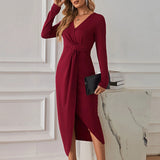 Women Dress V-neck Dress Sexy Slit Long Sleeve Dress