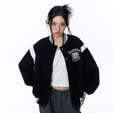 Women Jacket Stitching Color Blocking Baseball Uniform Coat Loose Lapel Embroidered Jacket