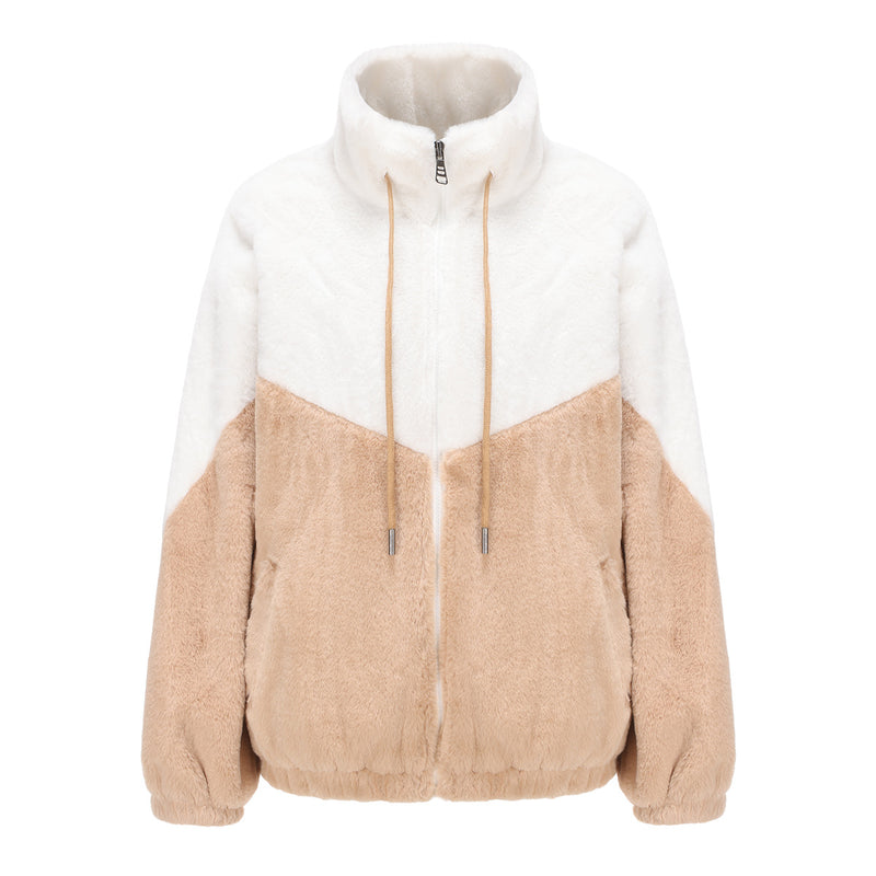 Women Trench Coat Autumn and Winter Plush Coat Hooded Long Sleeve Warm Color Matching Top