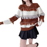 Women Knitwear Autumn and Winter Striped Tassel round Neck Sweater Loose Sweater