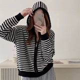 Women Knitwear Autumn and Winter Striped Hooded Sweater Women's Loose Casual Knitted Cardigan