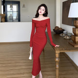 Women Dresses Retro Slim-Fit Long Sleeve Dress Autumn