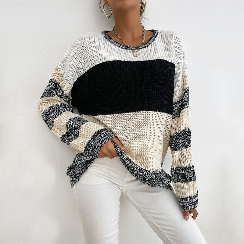 Women Knitted Sweater Fall Thin Pullover round Neck Black and White Contrast Color Sweater