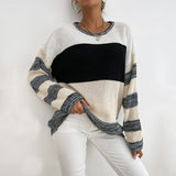 Women Knitted Sweater Fall Thin Pullover round Neck Black and White Contrast Color Sweater