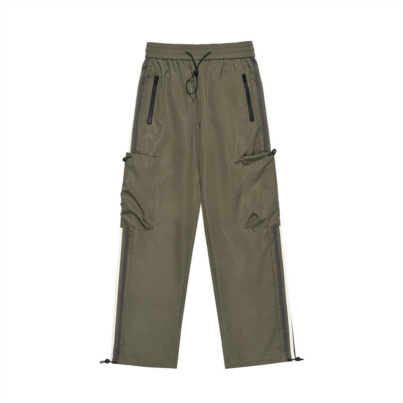 Men Sweatpants Casual Pants Boys Multi-Pocket Workwear Pants Side Patchwork Stripes Straight-Leg Trousers