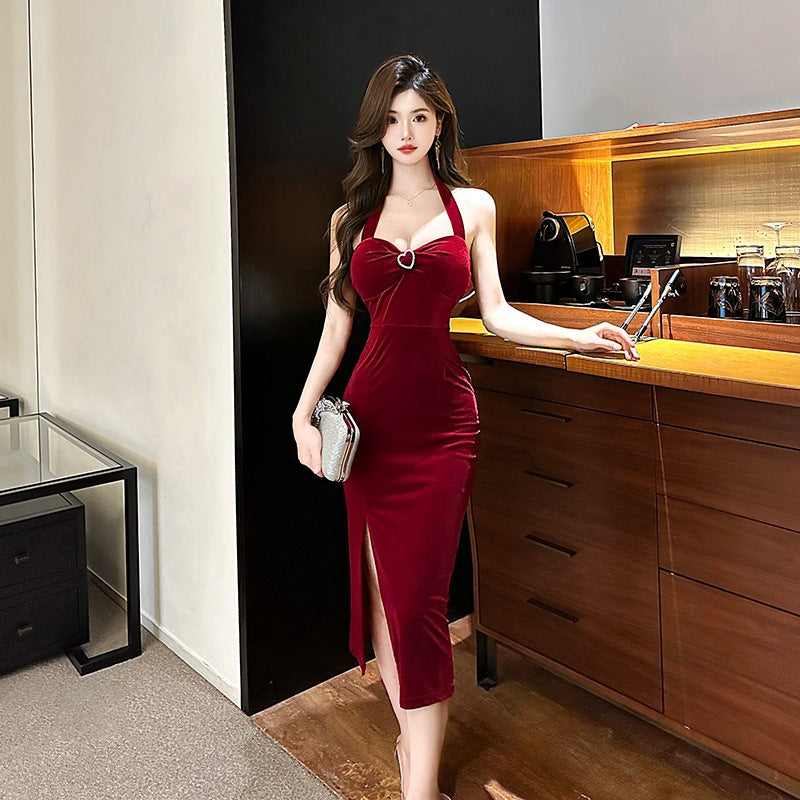 Women Maxi Dress Spring Vintage Velvet Sling Dress