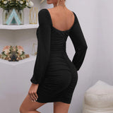 Women Dress Sexy Square-Neck Knitted Long Sleeve Sexy Sheath Dress