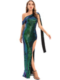 Women's Evening Gown Sexy Backless One-Shoulder Ribbon Sequins Dress Evening Dress