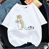 Kawaii Cat Women Print Funny T-shirt Girl Animal Y2K Fashion