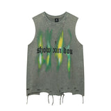 Men Vest Letter Graffiti Washed Make Old Ripped Sleeveless T-shirt