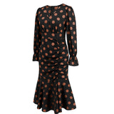Women Date Dress Autumn and Winter Dress Sexy V-neck Polka Dot Printing Long-Sleeved Fishtail Dress