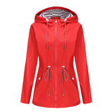 Women's Trench Coat Long-Sleeved Waterproof Mid-Length Trench Coat Women's Hooded Striped Raincoat