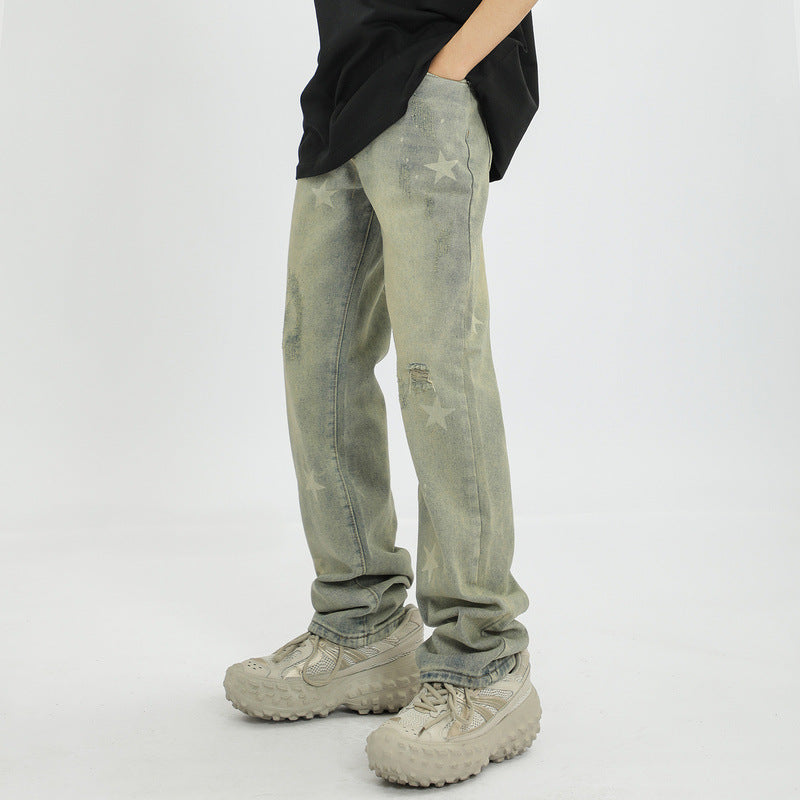 Men Jeans Vintage XINGX Printed Worn Looking Washed-out Jeans