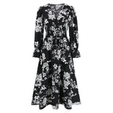 Women Date Dress Autumn and Winter Leisure Floral Print Long Sleeve Lace up Casual Dress Maxi Dress