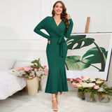 Women Date Dress Knitted Long Sleeve V-neck Lace-up Fishtail Skirt