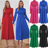 Women Date Dress Stand Collar Long Sleeve Skirt