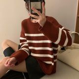 Women Knitted Pullover round Neck Striped Sweater Winter Loose Sweater Top