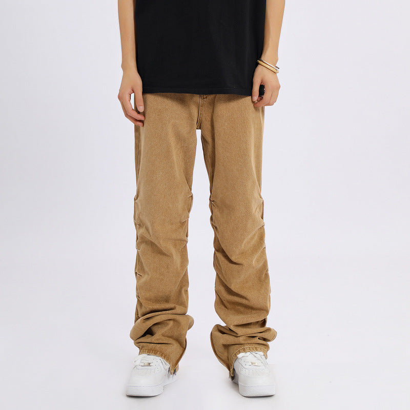 Men Jeans Pleated Casual Pants Men's Horn Loose Straight Trousers