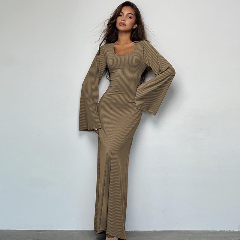Women Dresses Spring Loose U-Neck Long-Sleeved Dress