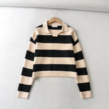 Women Sweater Knitwear Autumn and Winter Loose Striped Sweater Women's Casual Long-Sleeved Polo Top