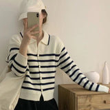 Women Knitwear Autumn and Winter Striped Lapel Sweater Slim-Fit Knitted Cardigan