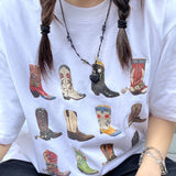 Boot Western T-Shirt Women Summer Loose Vintage Boho Texas